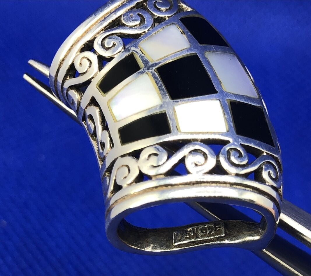 SX Black Onyx & Mother of Pearl Inlay 925 Sterling Silver Statement Pendant