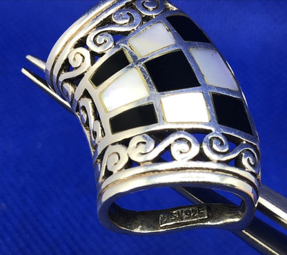 SX Black Onyx & Mother of Pearl Inlay 925 Sterling Silver Statement Pendant