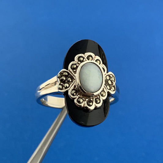 Designer NF 925 Sterling Silver Vermeil Black Onyx Opal Marcasite Cocktail Ring