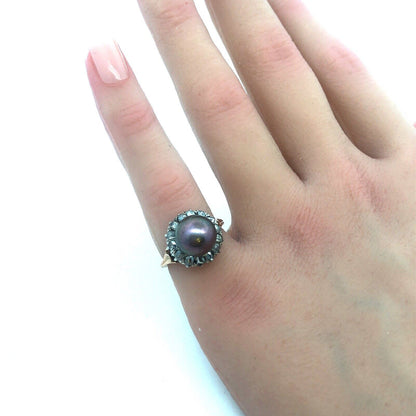 Retro 14k Yellow Gold Bronze Pearl Faceted Champagne Diamond Halo Cocktail Ring