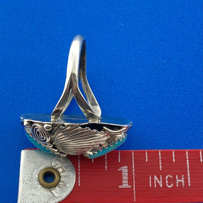 Stunning Sterling Silver 925 Cabochon Turquoise Spiral Floral Finger Ring Size 8