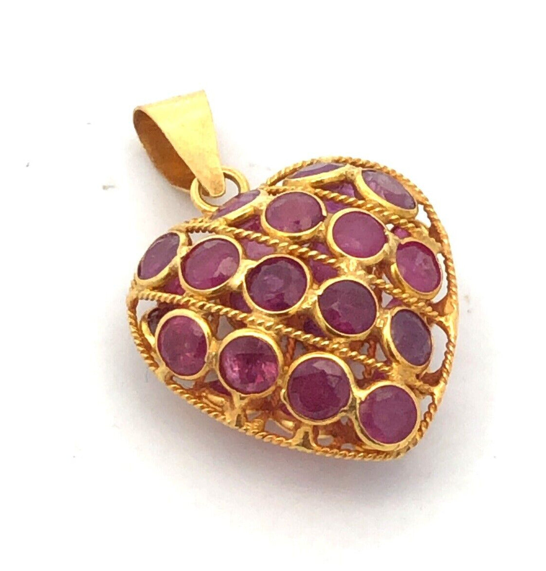 Designer 18K Yellow Gold Round Ruby July Anniversary Heart Love Pendant