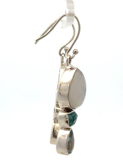 Vintage YS 925 Sterling Silver Moonstone Blue Topaz Tourmaline Dangle Earrings