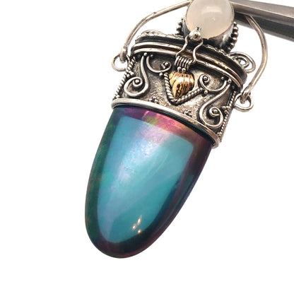 Vintage 925 Sterling Silver Iridescent Crystal Glass Snuff Filigree Box Pendant