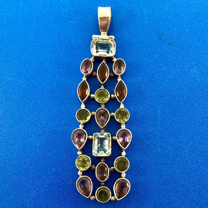 Sterling Silver 925 Multi Colored Shaped Gemstone Rectangular Statement Pendant