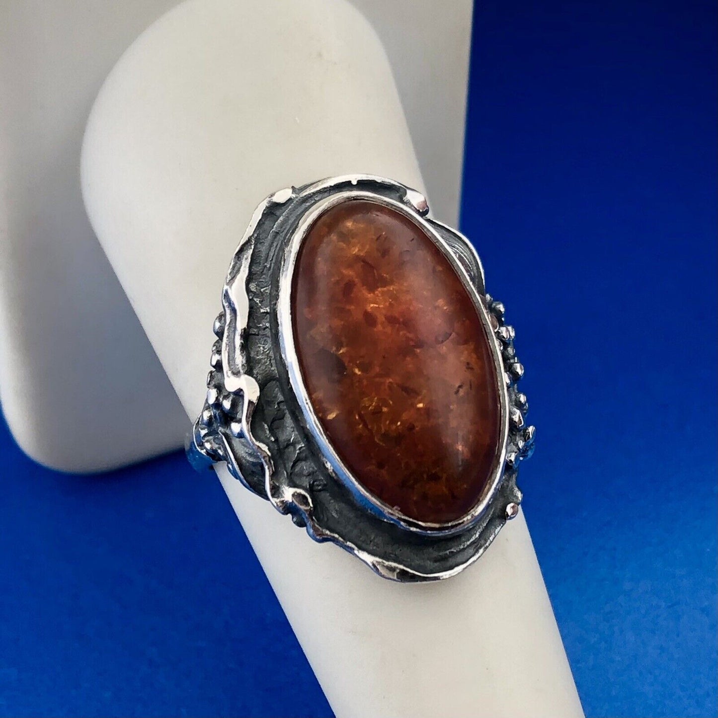 Stunning Sterling Silver 925 Oval Cabochon Amber Floral Finger Ring Size 8.75