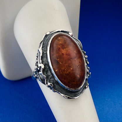 Stunning Sterling Silver 925 Oval Cabochon Amber Floral Finger Ring Size 8.75