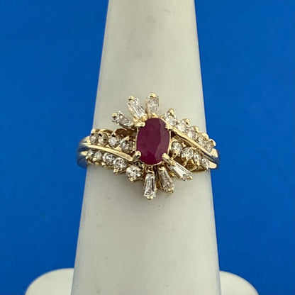 Vintage 14K Yellow Gold Oval Ruby Diamond Accented Cluster Bypass Cocktail Ring