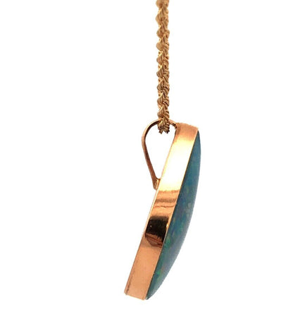 Designer IAJ 14K Yellow Gold Black Blue Opal Cabochon Bezel Pendant Necklace