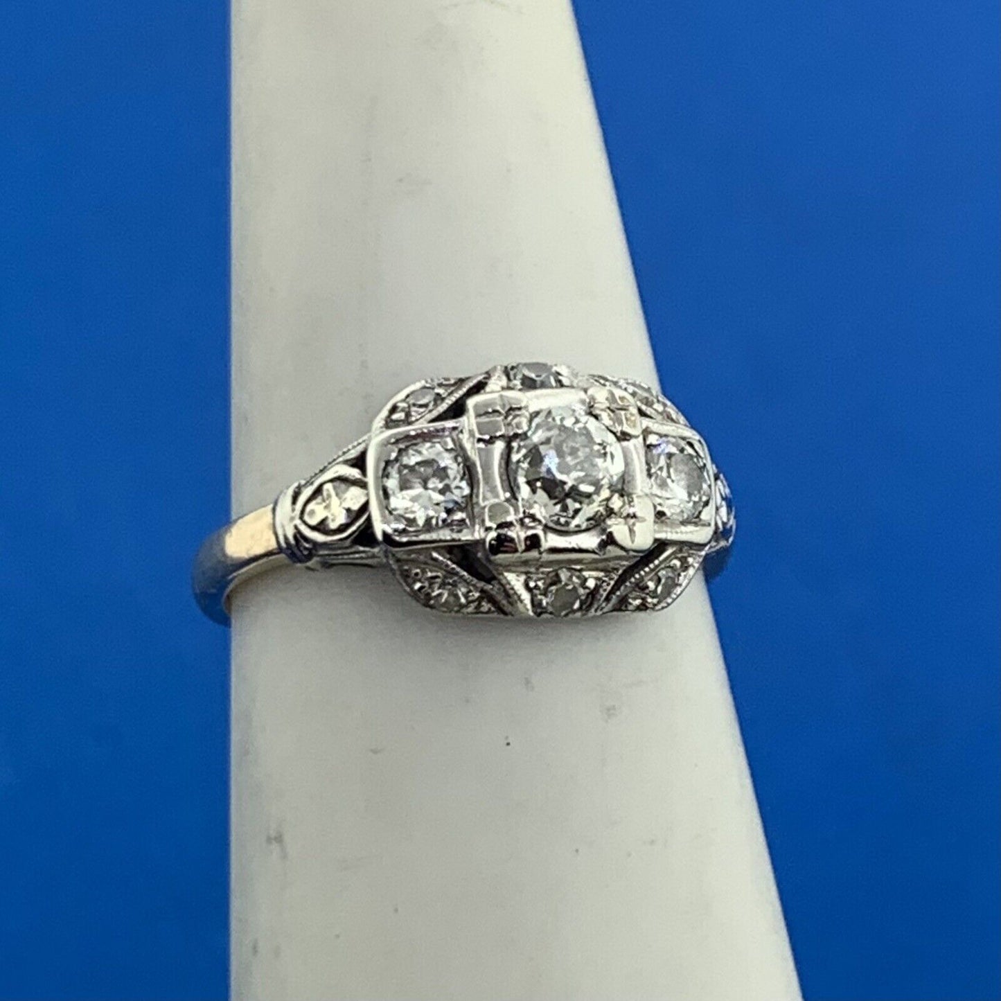 Vintage 14K Yellow White Gold Miner's Cut Diamond Trio w/Accents Cocktail Ring