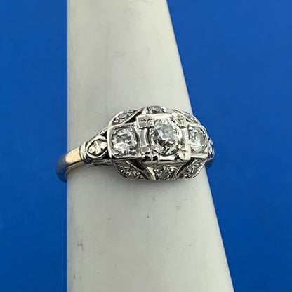 Vintage 14K Yellow White Gold Miner's Cut Diamond Trio w/Accents Cocktail Ring