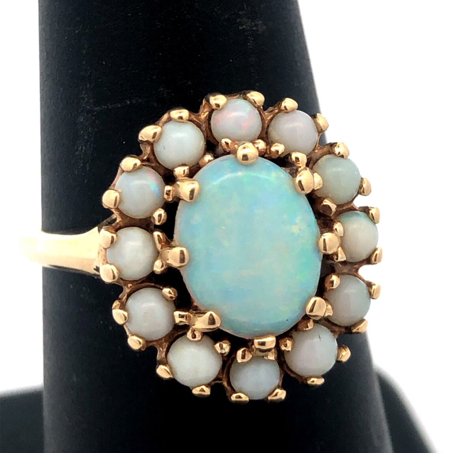 Designer 10K Yellow Gold Oval Opal Cluster Halo Statement Cocktail Ring