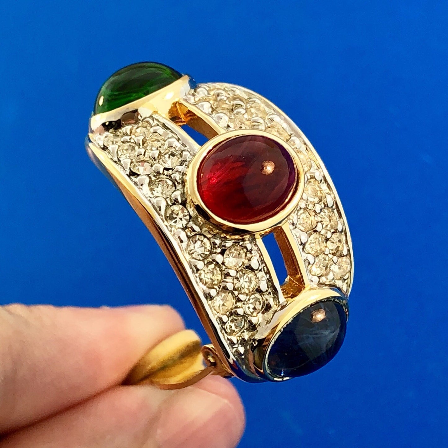 Vintage Runway Gold Tone Red Blue Green Glass Cabochon Rhinestone Clip Earrings