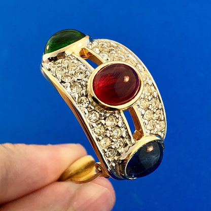 Vintage Runway Gold Tone Red Blue Green Glass Cabochon Rhinestone Clip Earrings
