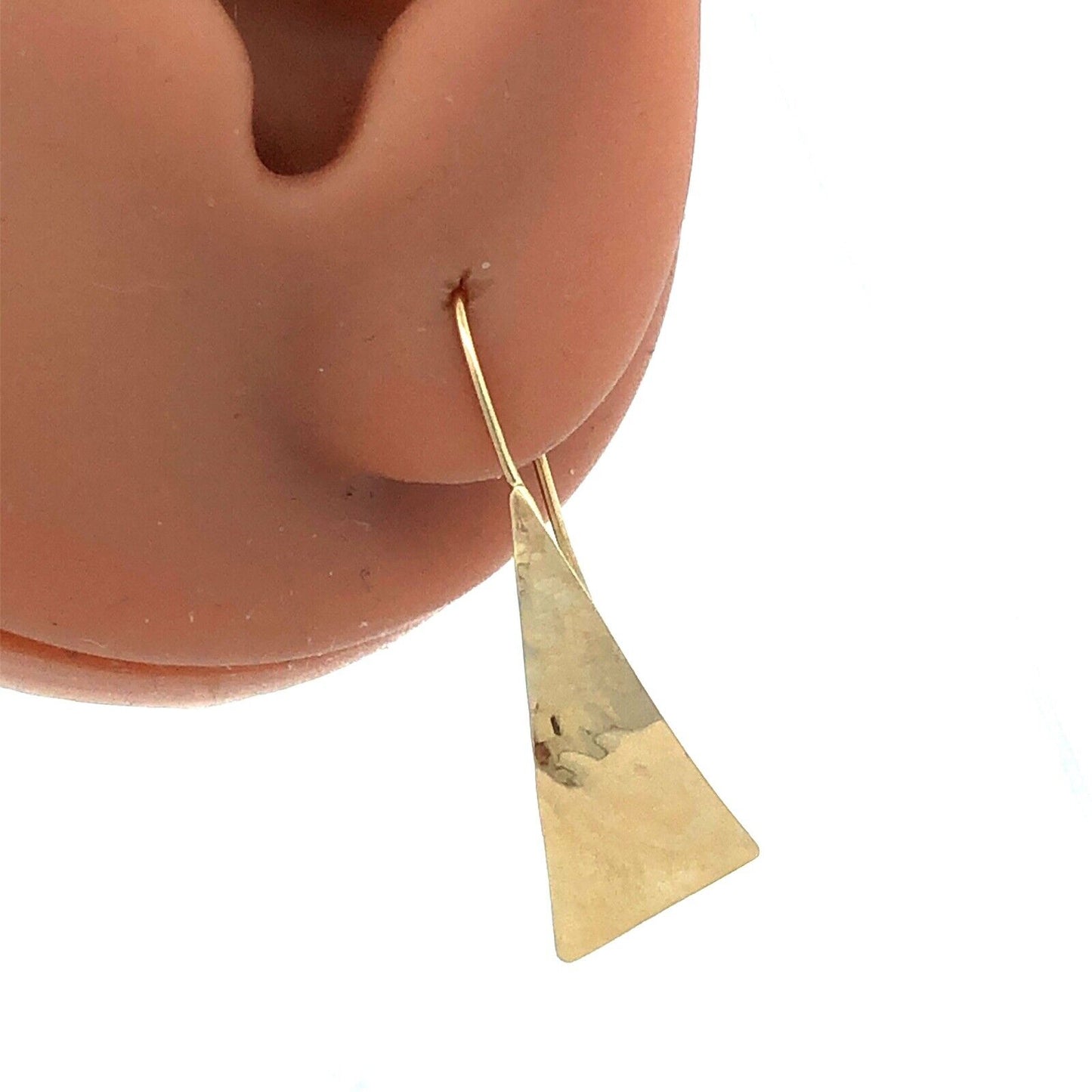 14K Yellow Gold Hammered Textured Modernist Triangle Dangle Earrings