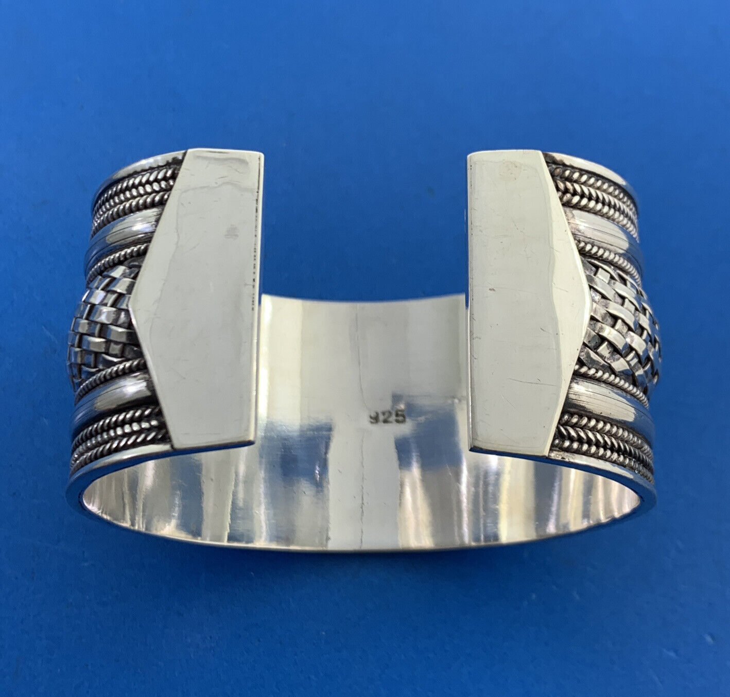Sterling Silver 925 Basket Weave Ribbed Polished Wide Statement Cuff Bracelet