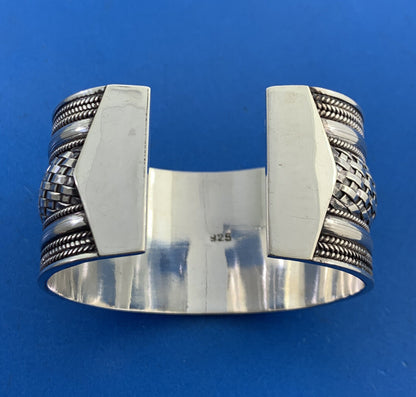 Sterling Silver 925 Basket Weave Ribbed Polished Wide Statement Cuff Bracelet