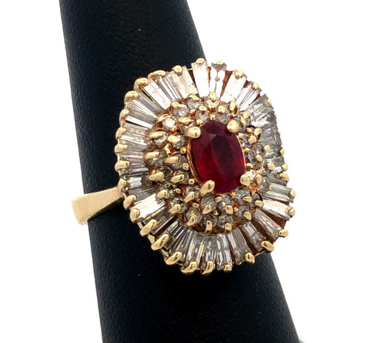 Estate 14K Yellow Gold Ruby Center Diamond Halo July Anniversary Statement Ring