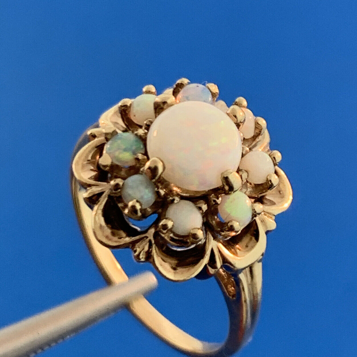 Vintage 10K Yellow Gold Opal Floral Cluster October Anniversary Cocktail Ring