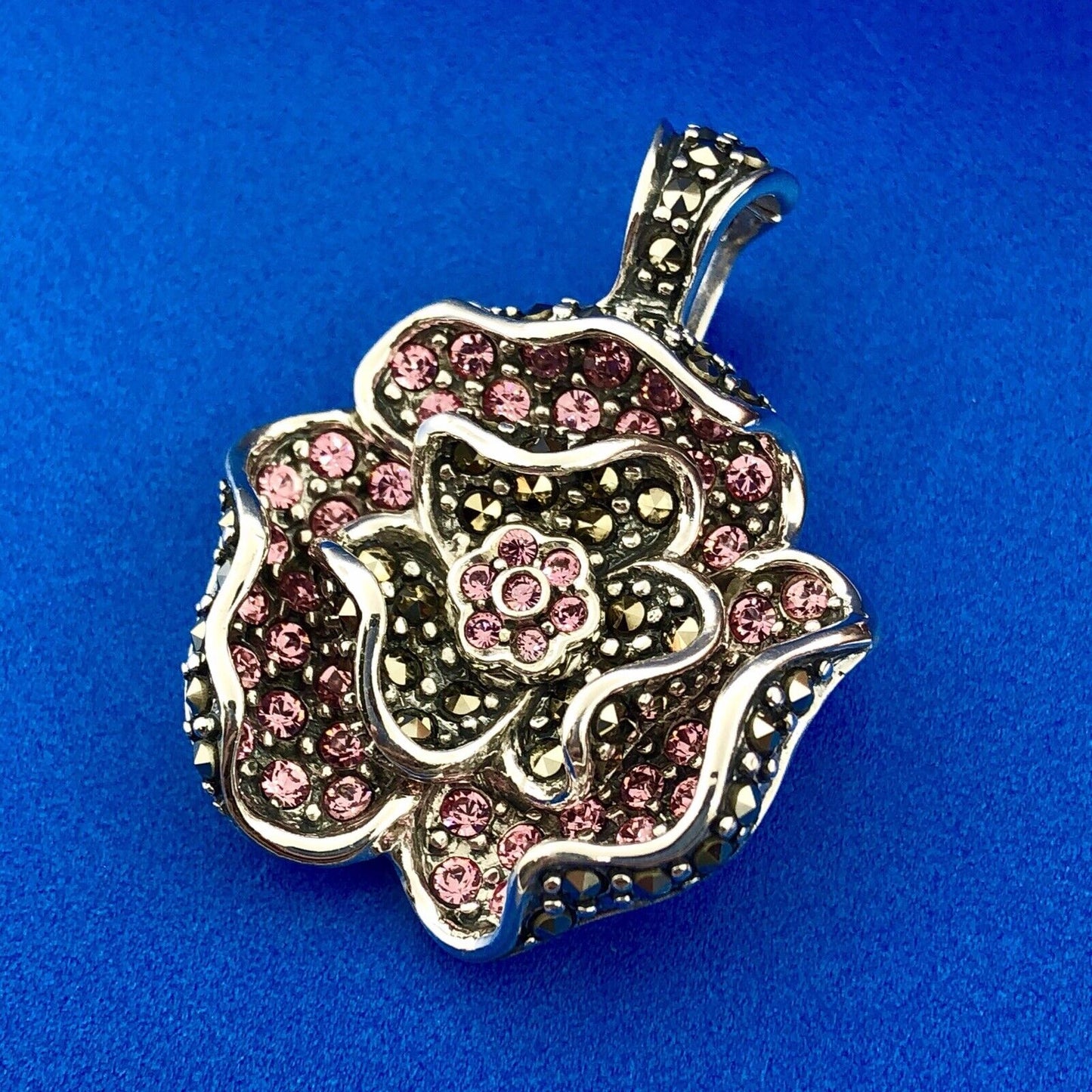 Designer Sterling Silver Pink Cubic Zirconia Marcasite Flower Enhancer Pendant