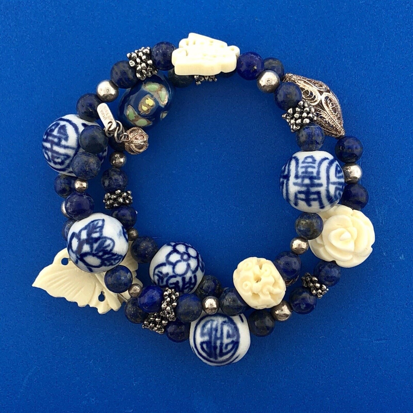 Sterling Silver 925 Lapis Ceramic Carved Cloisonne Bead Three Wrap Bracelet