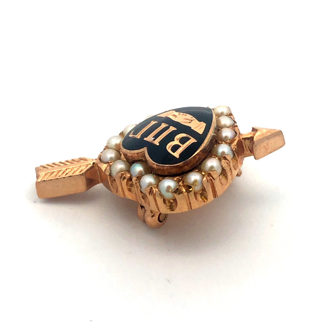 14k Yellow Gold Black Enamel Shell Pearl Beta Pi Gamma Arrow Heart Greek Pin