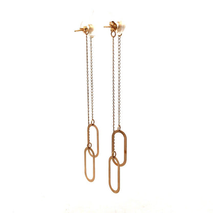 14K Yellow Gold Designer CU Modernist Oval Chain Dangle Stud Earrings