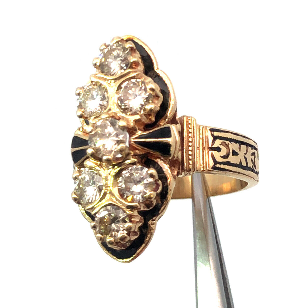 Art Deco 14K Yellow Gold Black Enamel Round Diamond Floral Scroll Statement Ring