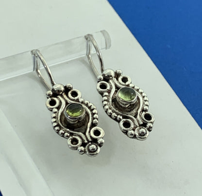 Estate 925 Sterling Silver Peridot Cabochon Bead & Scroll Dangle Earrings