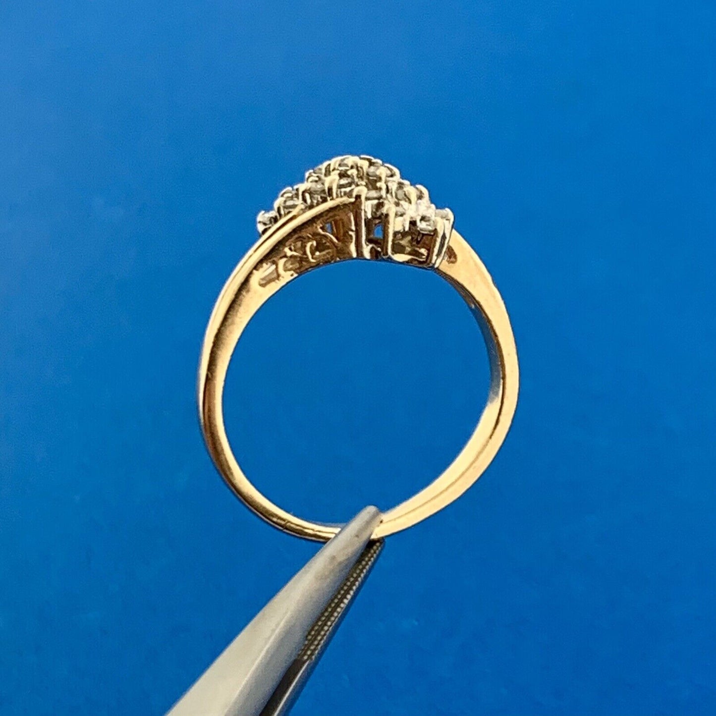 Vintage 14K Yellow Gold Diamond Waterfall Cluster Bypass Cocktail Ring