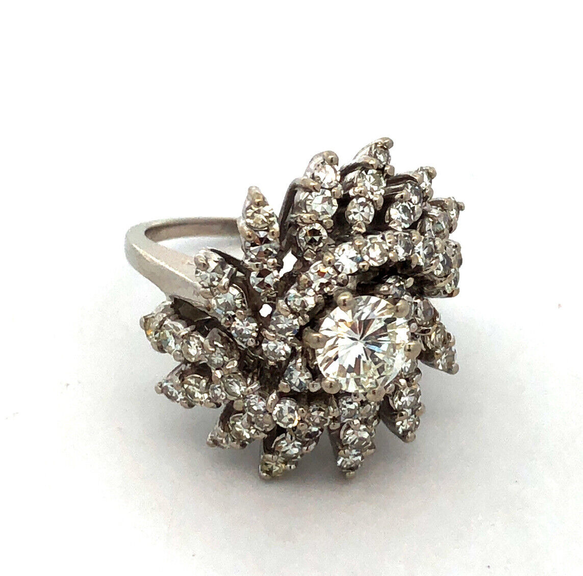 Vintage CRC 14K White Gold Round Diamond Waterfall Statement Cocktail Ring