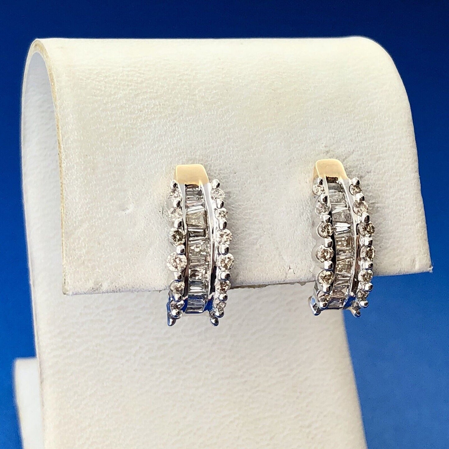 14k Yellow & White Gold Baguette Diamond Earrings with Diamond Accents