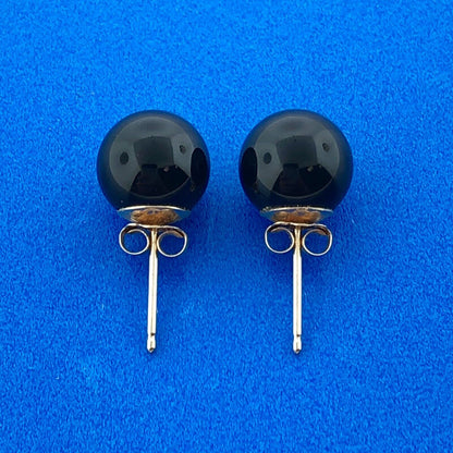 Gorgeous 14k Yellow Gold Onyx Black Sphere Bead Stud Earrings w/ Friction Backs