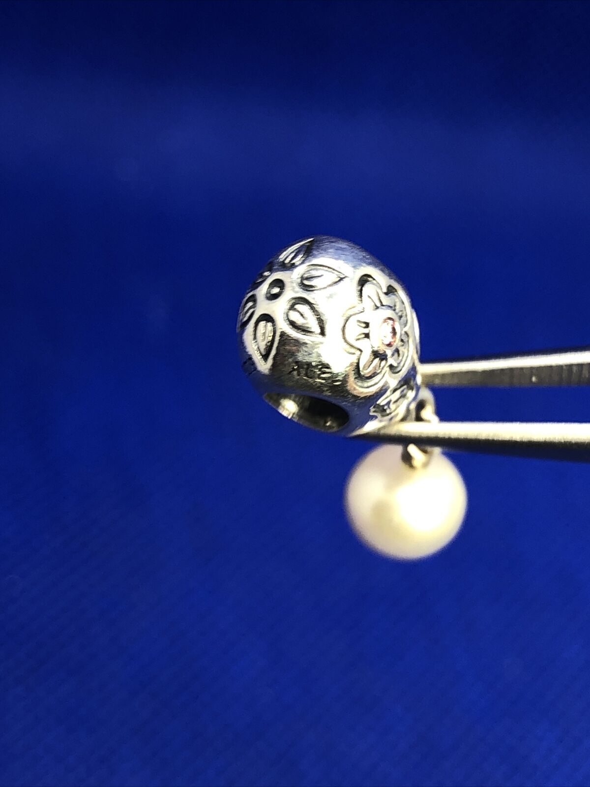 Retired PANDORA ALE 925 Silver Pink CZ Flower Pearl Dangle Charm 790546