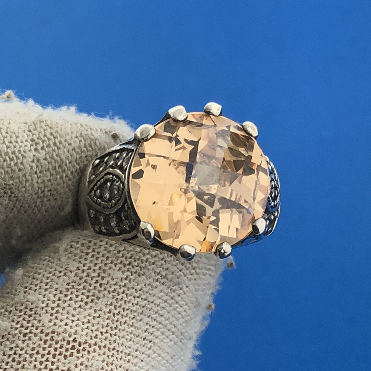 Vintage 925 Sterling Silver Cushion Cut Citrine CZ Statement Cocktail Ring