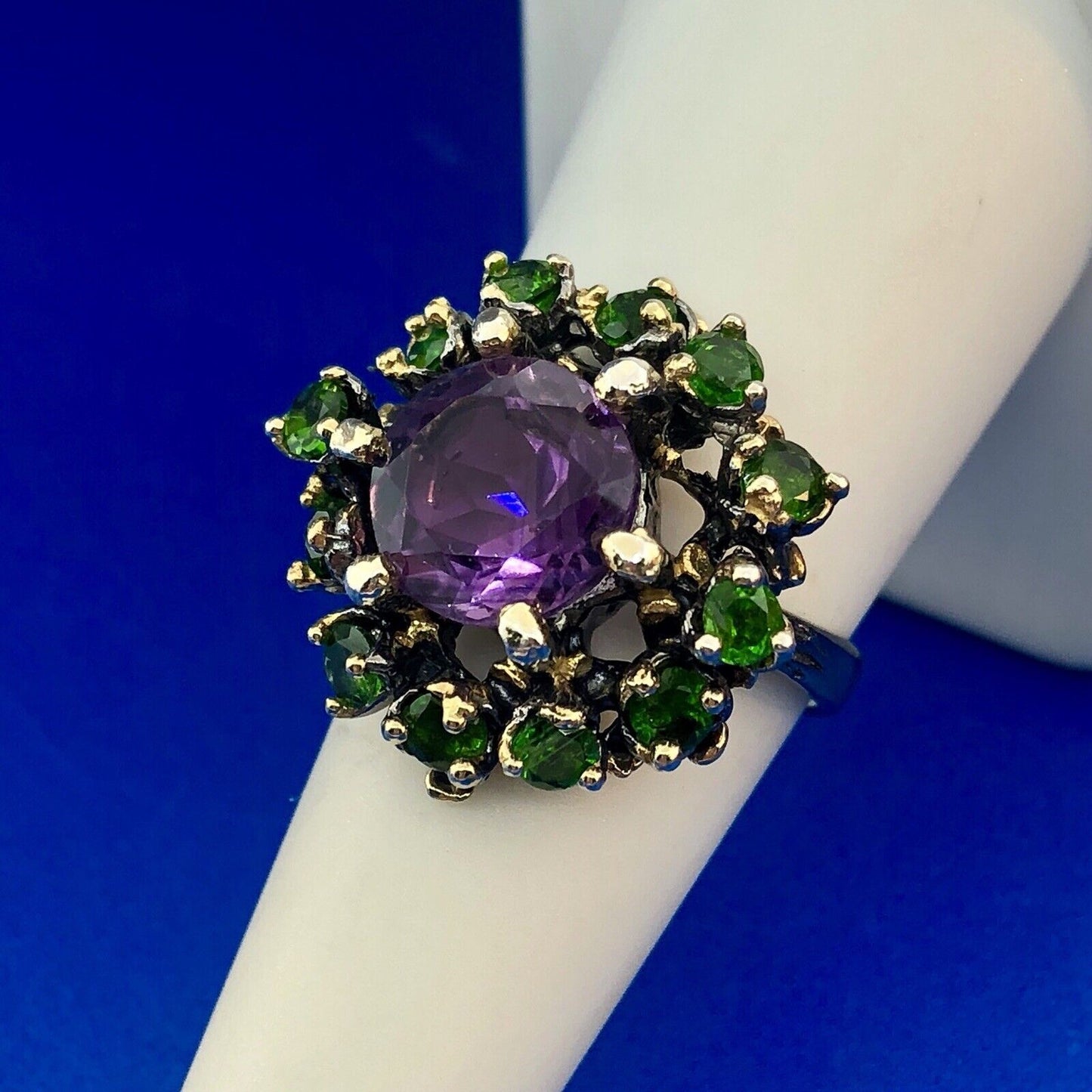 Fabulous 925 Sterling Silver Amethyst Solitaire Green Garnet Halo Cluster Ring