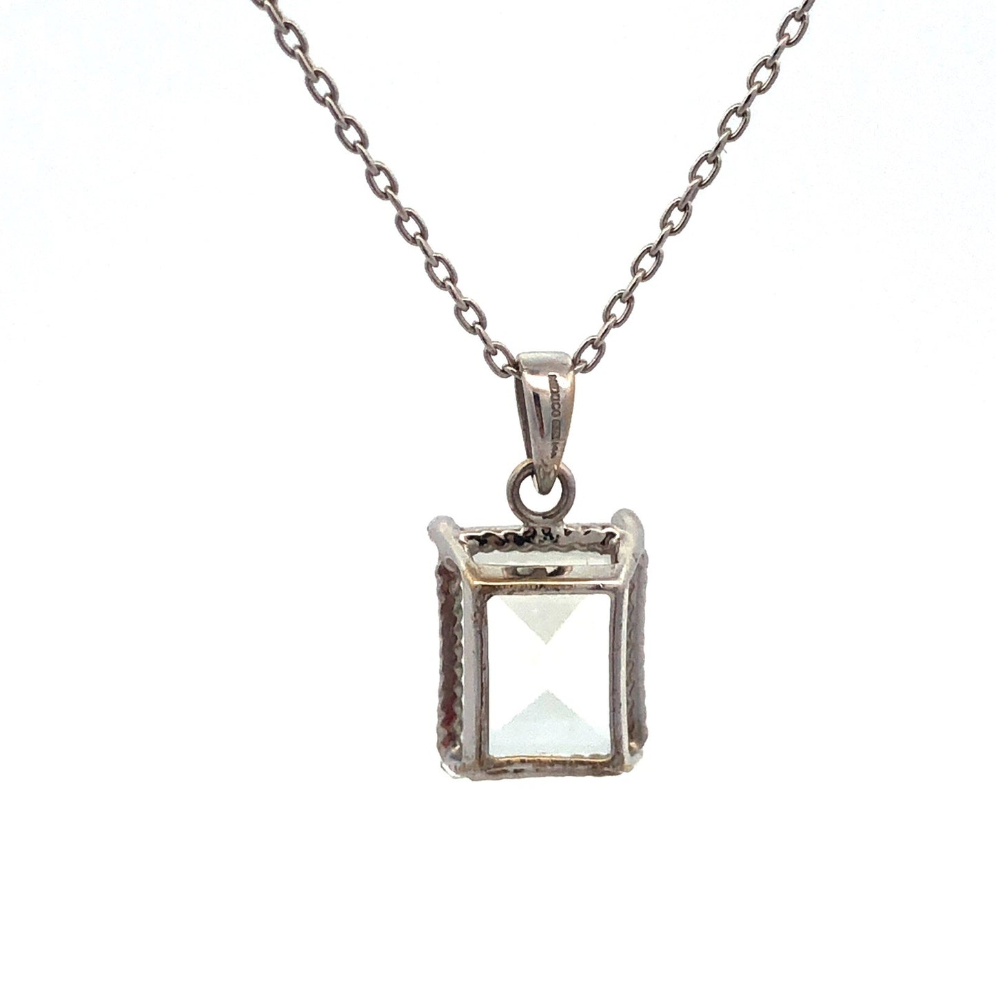 14K White Gold Emerald Cut Green Topaz Solitaire Drop Pendant Necklace