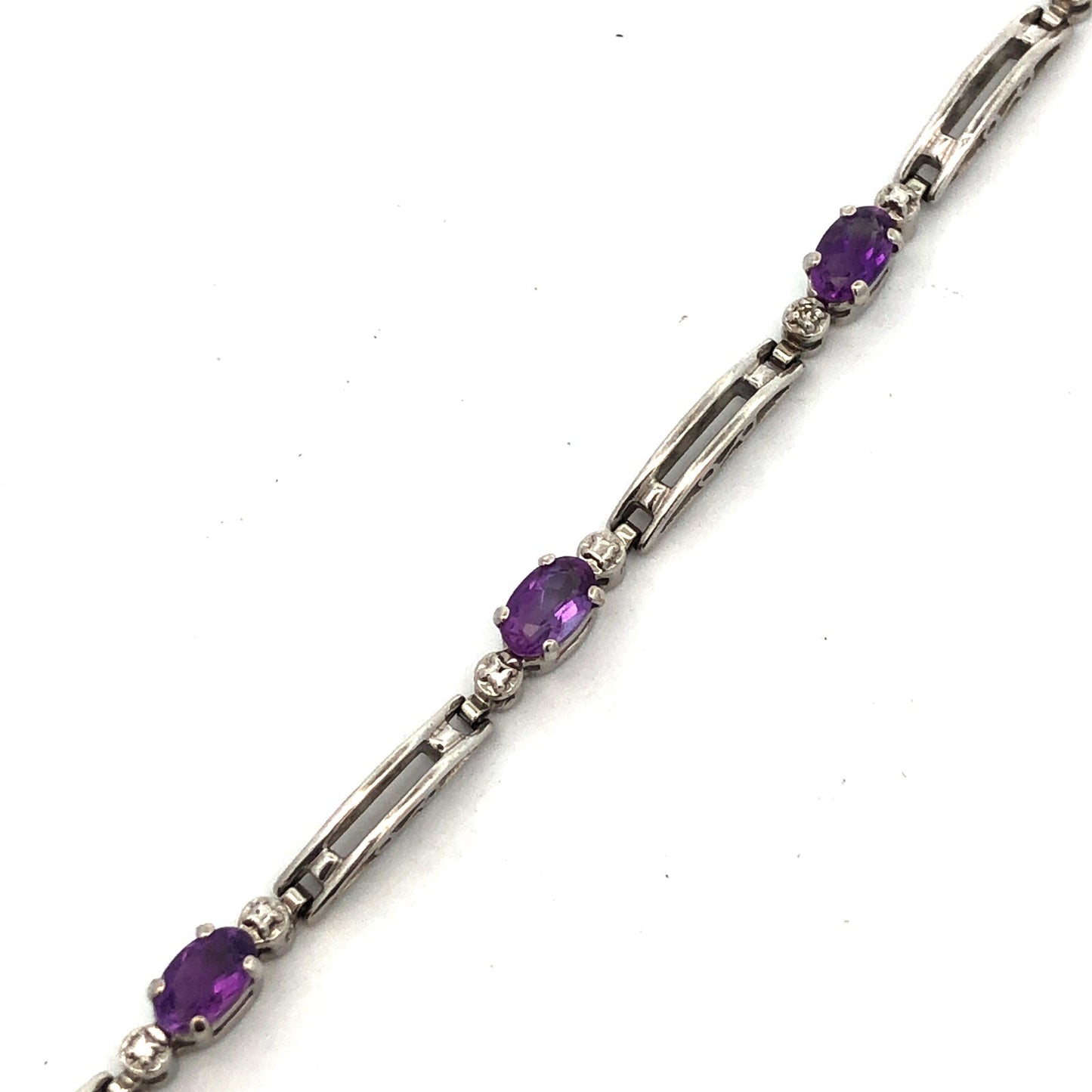 Designer Mexico 10K White Gold Oval Amethyst Diamond Accented Tennis Bracelet