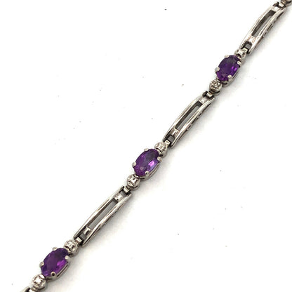 Designer Mexico 10K White Gold Oval Amethyst Diamond Accented Tennis Bracelet