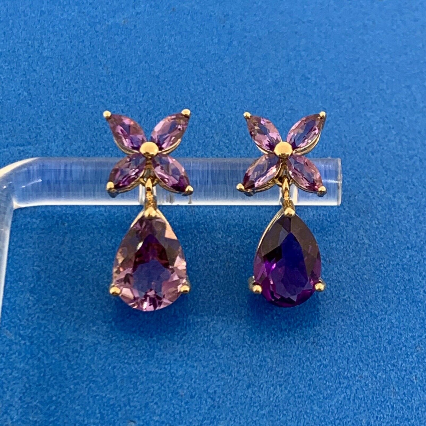 Designer Mexico 14K Yellow Gold Amethyst Dangle Drop Floral Flower Stud Earrings