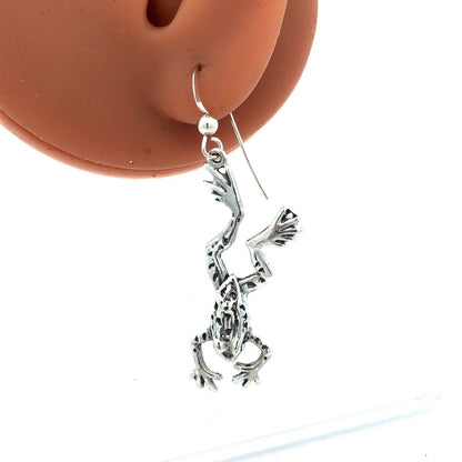 Vintage Designer Sterling Silver Frog Toad Textured Drop Dangle Hook Earrings