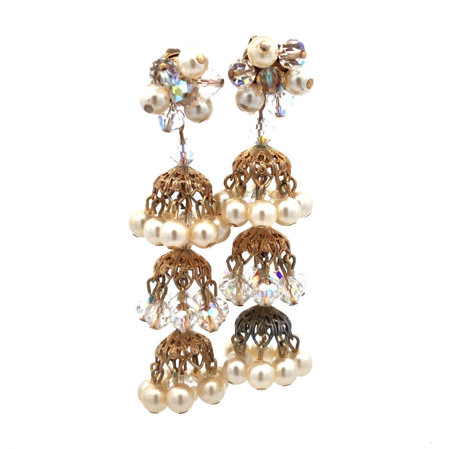 Vintage Gold Tone Faux Pearl Crystal Bead Statement Chandelier Clip On Earrings