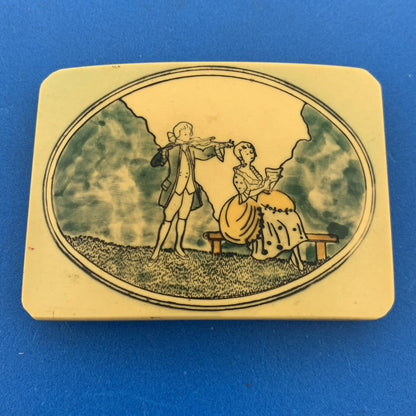 1930s France Celluloid Bakelite Painted Etched Courting Couple Belt Buckle