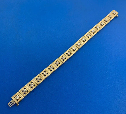 Designer 14K Yellow Gold Round Diamond Square Openwork Panel Tennis Bracelet