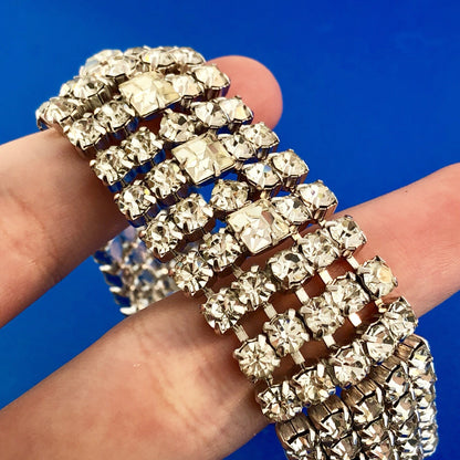 Vintage Haute Couture Silver Tone Rhinestone Five Row Statement Tennis Bracelet