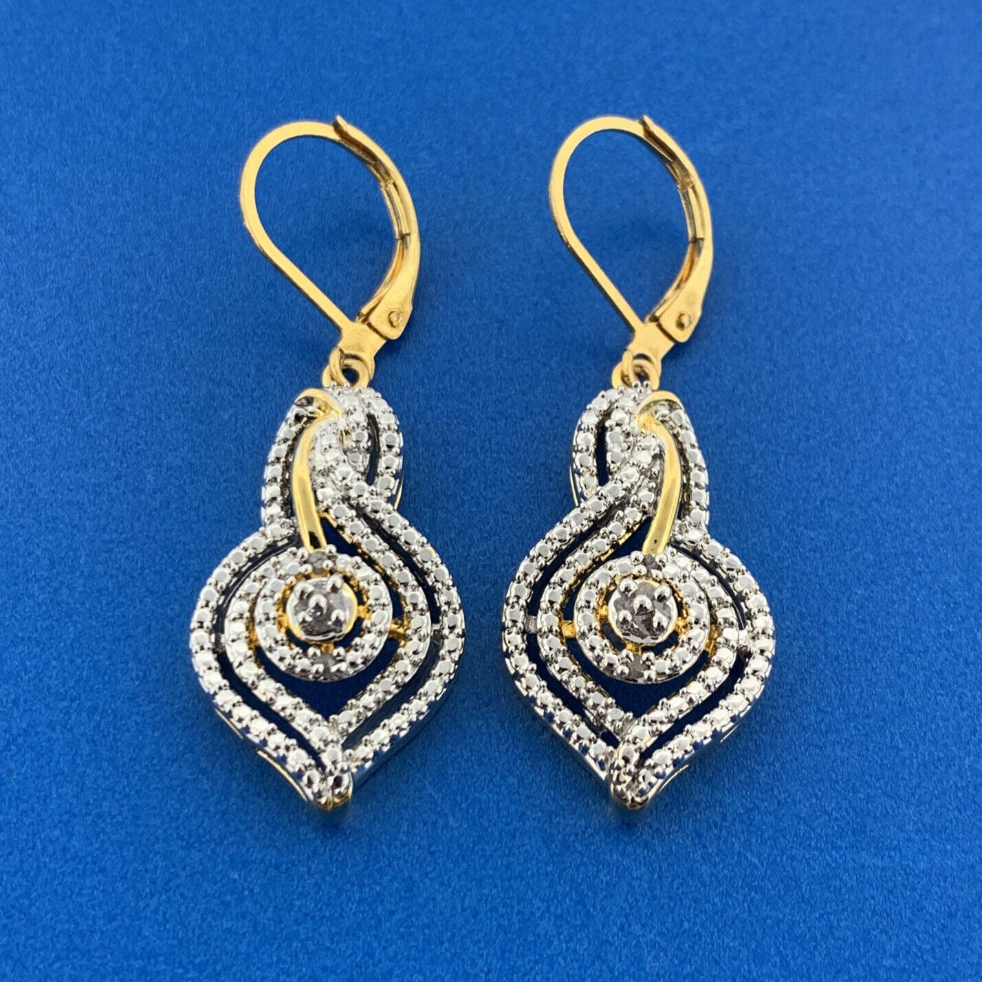 Designer BR KRN Gold Toned Round Cut Diamond Statement Leverback Dangle Earrings