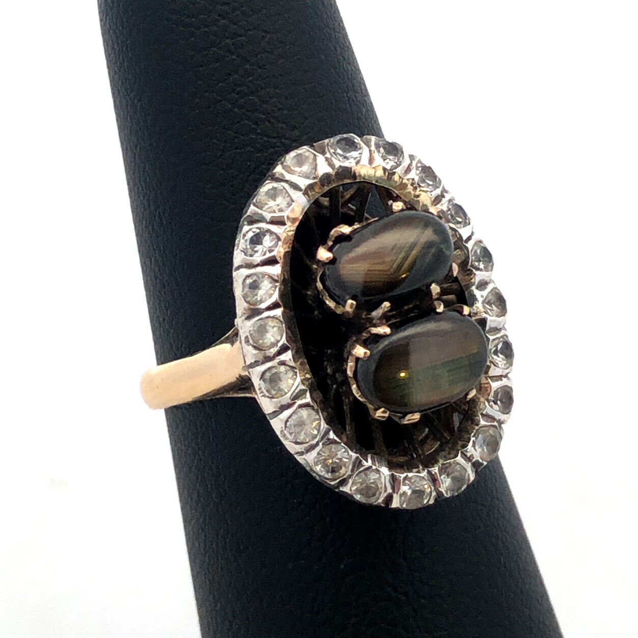 Vintage 14K Yellow Gold Black Star Sapphire White Amethyst Halo Cocktail Ring