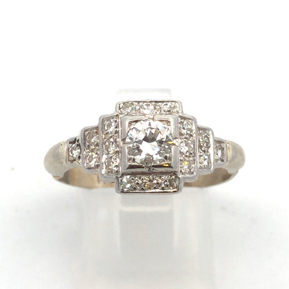 Vintage Art Deco 14K White Gold Miners Cut Diamond w/Accents Engagement Ring