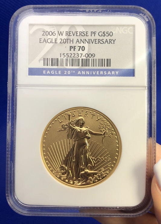 2006 W $50 American Eagle 1 Oz Gold Reverse Proof 20 Anniversary NGC PF70 Coin