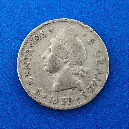 1939 Dominican Republic 5 Centavos 5 Grammos Tough Key Date Low Mintage Coin